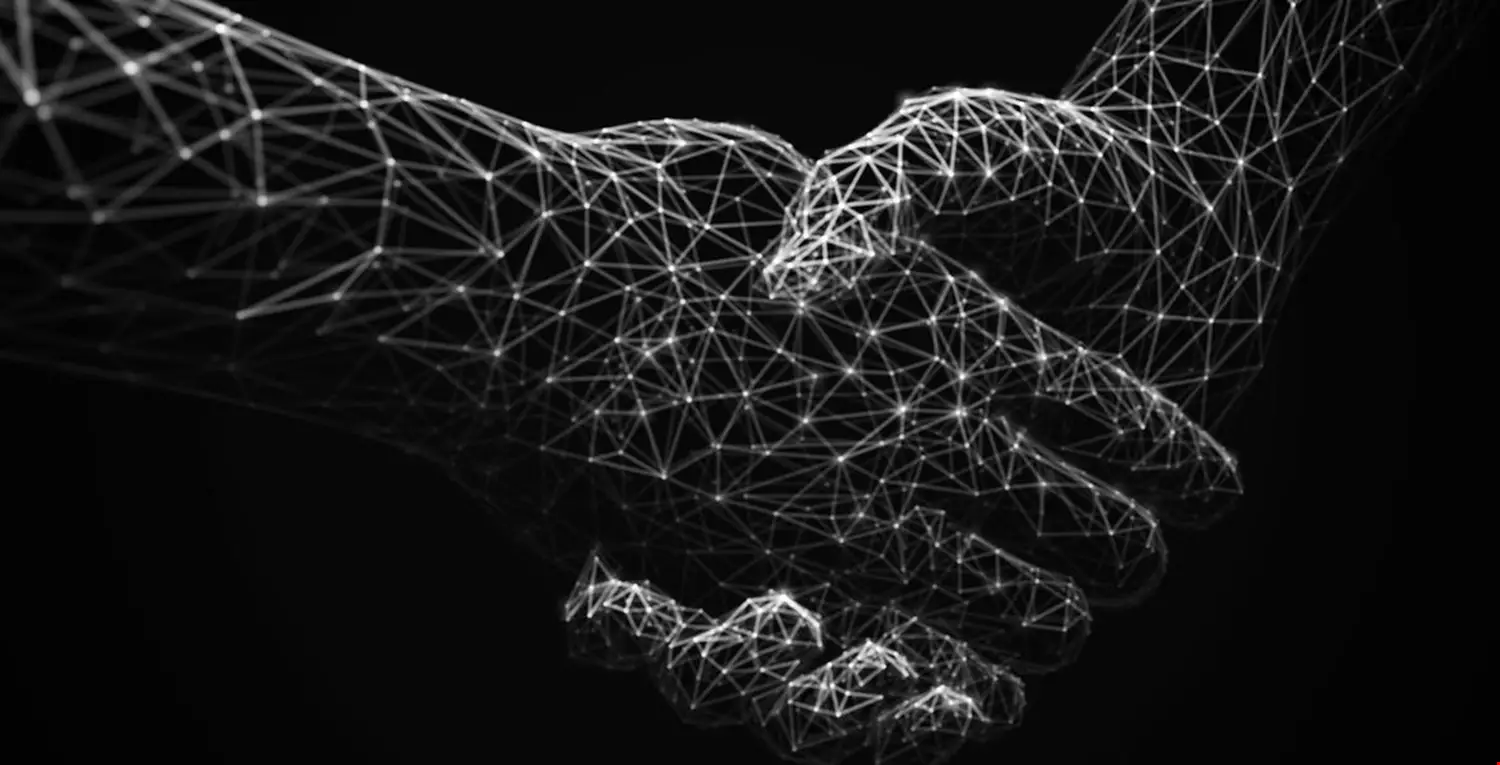 Information technology in business, digital deal or online commerce: digital handshake. Artificial intelligence or global communication. Abstract technology background. EPS 10, vector illustration.
