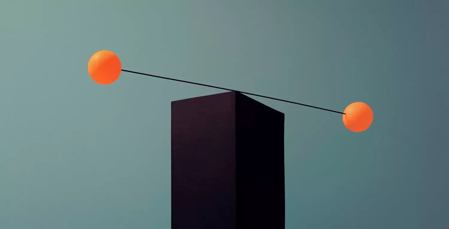 A rod with two yellow spheres attached to it is balancing on the edge of a black brick, symbolizes balance and choice.